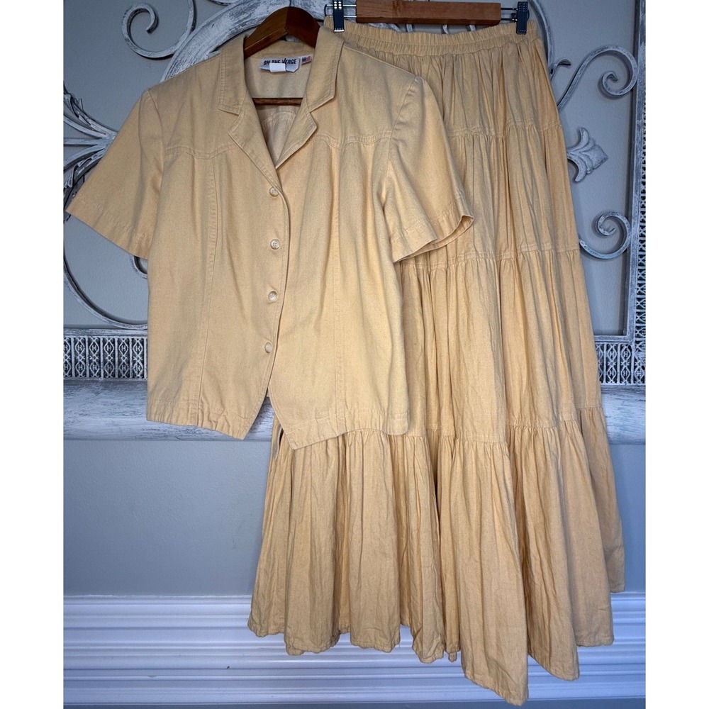 Vintage On The Verge Yellow 2 Piece Set Jacket & Tiered Maxi Skirt Made in USA L